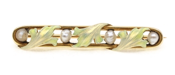 14K GOLD HENRY BLANK & CO ENAMEL & SEED PEARL BROOCH