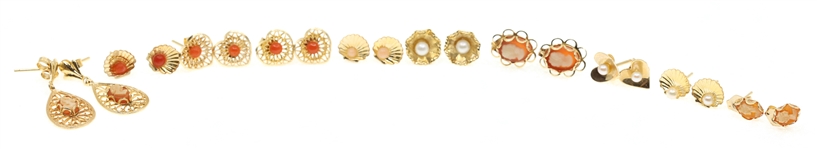 14K YELLOW GOLD EARRINGS - PEARL, CORAL, & CAMEO