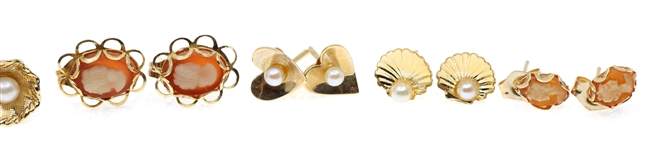 14K YELLOW GOLD EARRINGS - PEARL, CORAL, & CAMEO