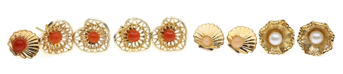 14K YELLOW GOLD EARRINGS - PEARL, CORAL, & CAMEO