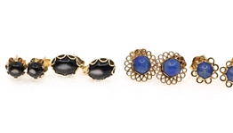 14K GOLD SYNTHETIC STAR SAPPHIRE & TIGER'S EYE EARRINGS