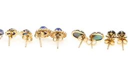 14K GOLD SYNTHETIC STAR SAPPHIRE & TIGER'S EYE EARRINGS