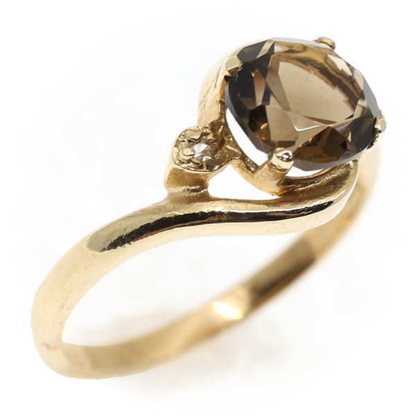 10K YELLOW GOLD BROWN QUARTZ & WHITE SAPPHIRE RING