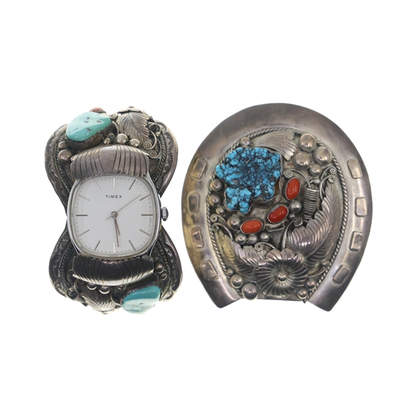STERLING SILVER MORTY JOHNSON BELT BUCKLE & WATCH CUFF