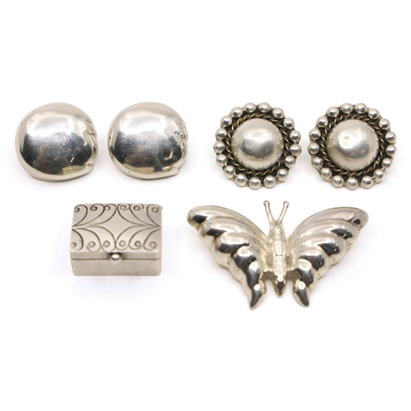 STERLING SILVER TAXCO EARRINGS, BROOCH, & PILL BOX