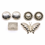 STERLING SILVER TAXCO EARRINGS, BROOCH, & PILL BOX