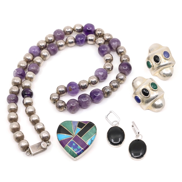 STERLING SILVER TAXCO EARRINGS, PENDANT & NECKLACE