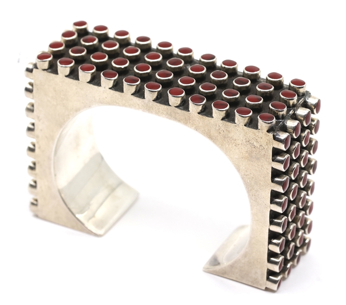 TAXCO STERLING SILVER CARNELIAN GEOMETRIC CUFF BRACELET