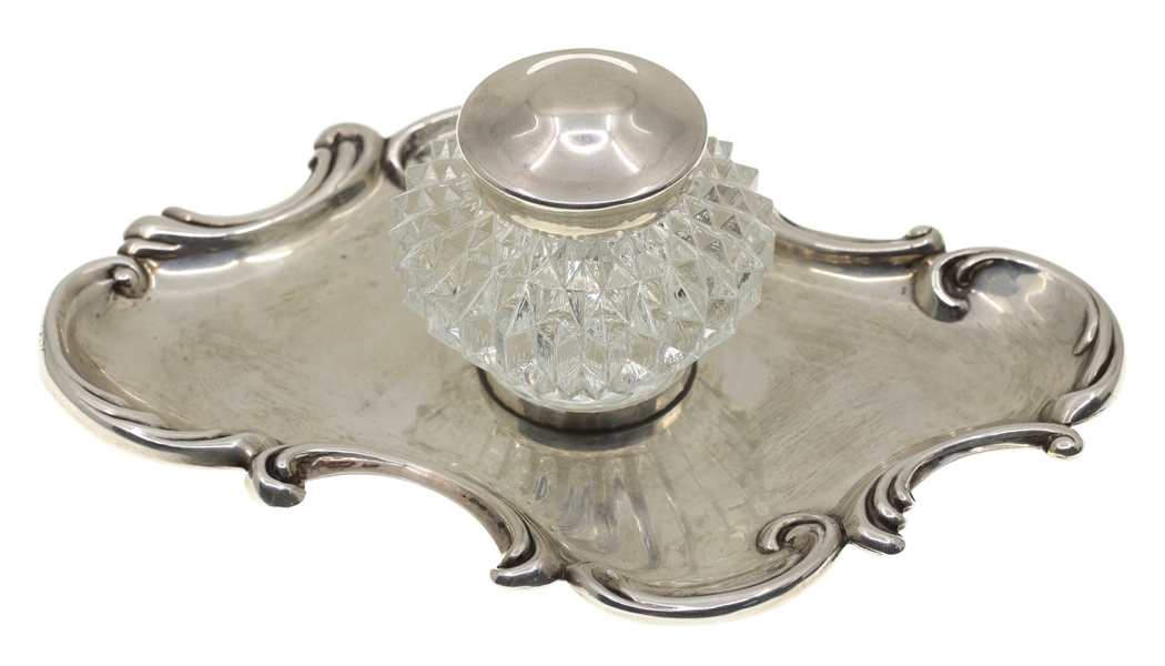 STERLING SILVER & CRYSTAL INKWELL TRAY SET