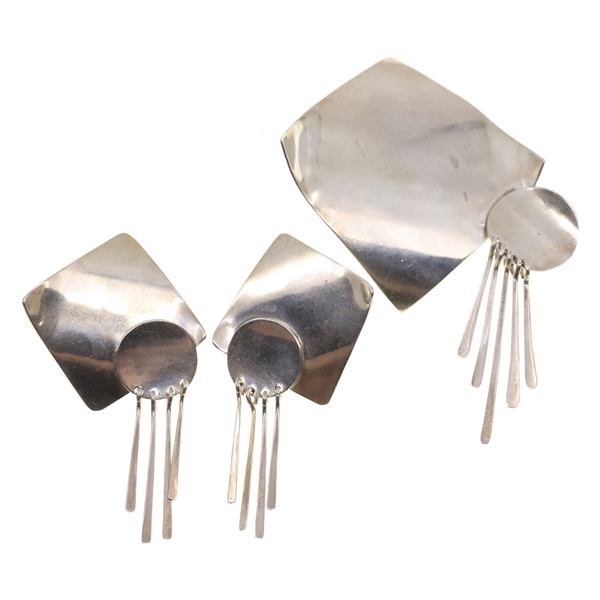 TAXCO STERLING SILVER ABSTRACT EARRINGS & BROOCH SET