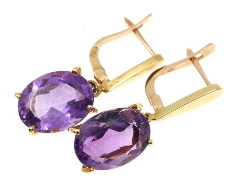 18K YELLOW GOLD OVAL CUT AMETHYST DROP EARRINGS 