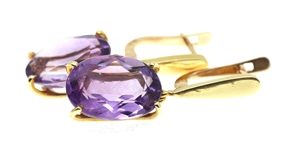 18K YELLOW GOLD OVAL CUT AMETHYST DROP EARRINGS 