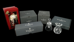 WATERFORD CRYSTAL VASES, JAR, TRAY, & SANTA ORNAMENT