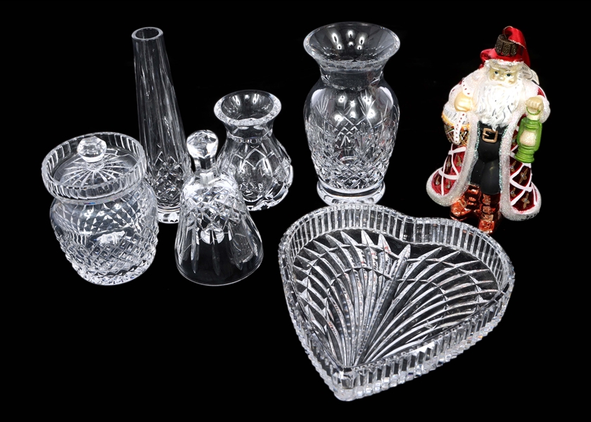 WATERFORD CRYSTAL VASES, JAR, TRAY, & SANTA ORNAMENT