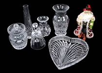 WATERFORD CRYSTAL VASES, JAR, TRAY, & SANTA ORNAMENT