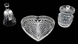 WATERFORD CRYSTAL VASES, JAR, TRAY, & SANTA ORNAMENT