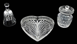WATERFORD CRYSTAL VASES, JAR, TRAY, & SANTA ORNAMENT