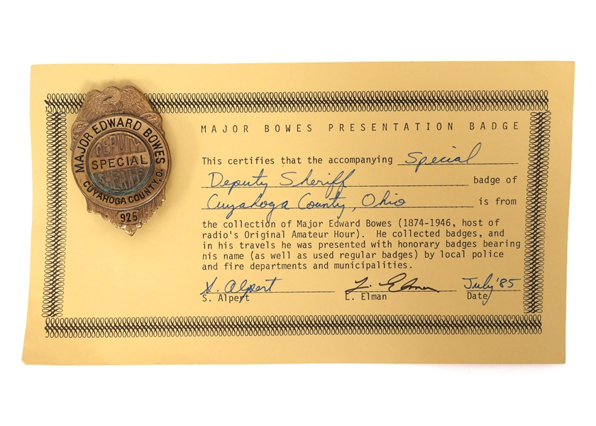 MAJOR BOWES AMATEUR HOUR CUYAHOGA CTY, OH SHERIFF BADGE
