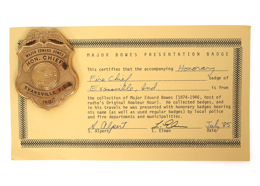 MAJOR BOWES AMATEUR HOUR EVANSVILLE IN FIRE CHIEF BADGE
