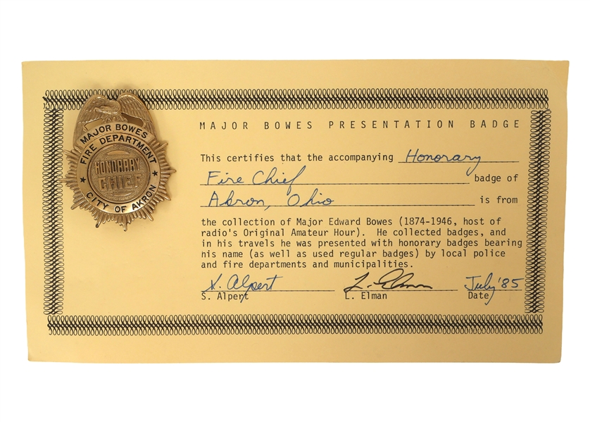 MAJOR BOWES AMATEUR HOUR AKRON OH FIRE CHIEF BADGE