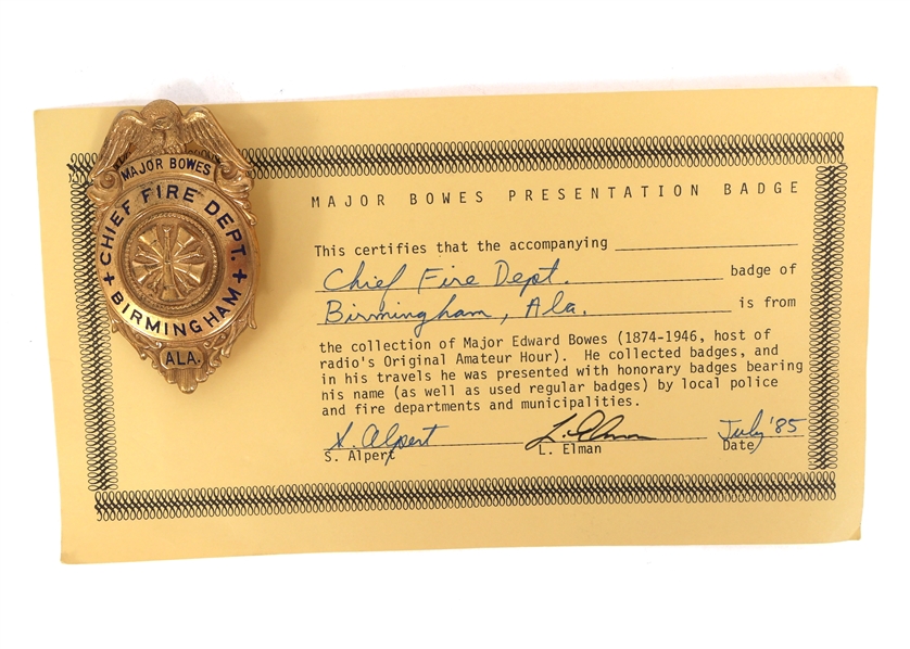 MAJOR BOWES AMATEUR HOUR BIRMINGHAM AL FIRE CHIEF BADGE