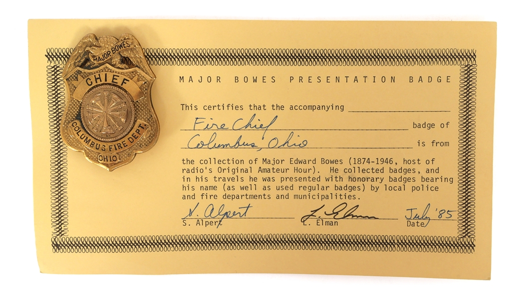 MAJOR BOWES AMATEUR HOUR COLUMBUS OH FIRE CHIEF BADGE
