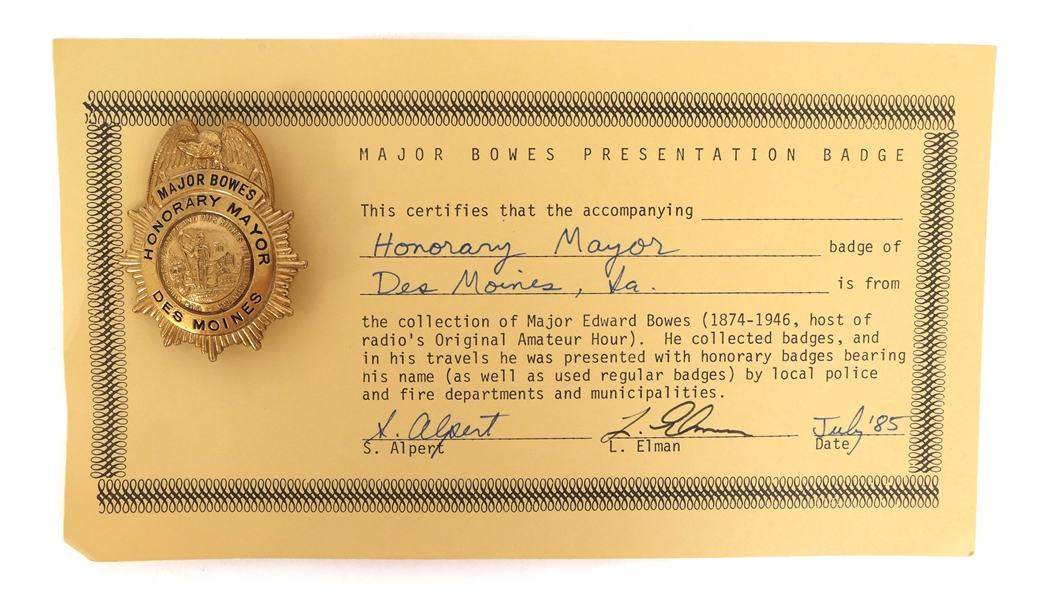 MAJOR BOWES AMATEUR HOUR DES MOINES IA HON. MAYOR BADGE