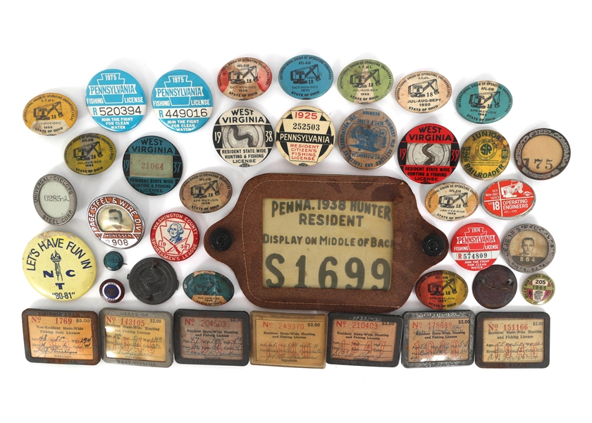 SOUVENIR PLAQUE, HUNTING/ FISHING LICENSES & BUTTONS
