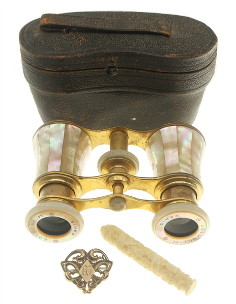 20TH C. OPERA GLASSES, BROOCH & NEEDLE CASE