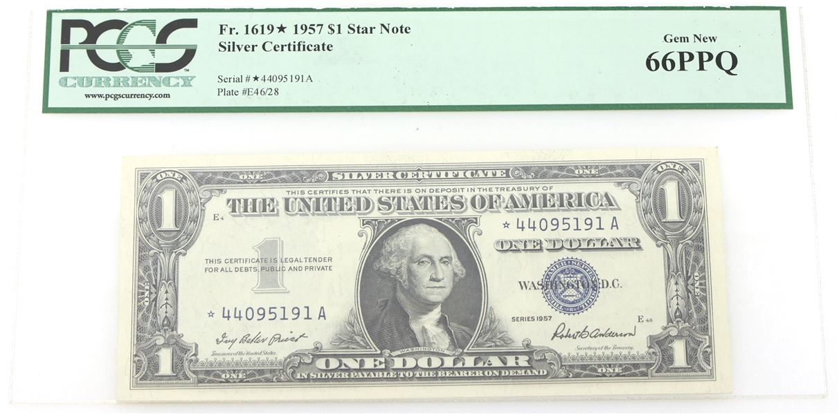 1957 US $1 SILVER CERTIFICATE STAR NOTE PCGS 66 GEM NEW