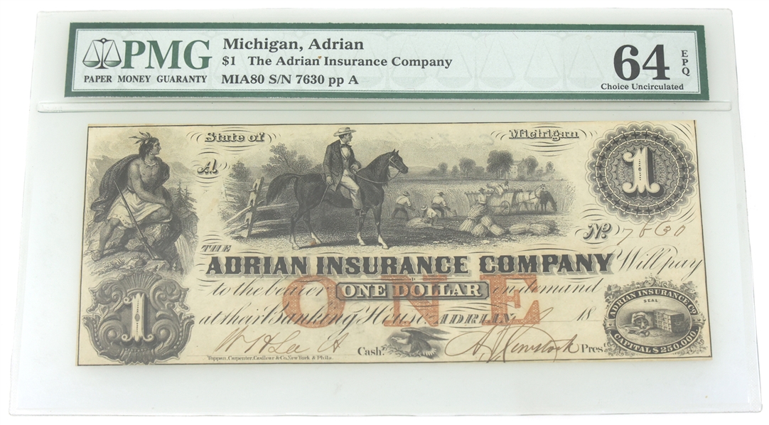 OBSOLETE MICHIGAN, ADRIAN $1 BANKNOTE PMG 64 CHOICE UNC