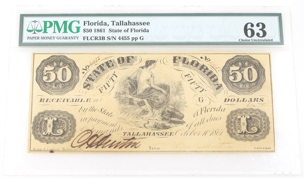 1861 FLORIDA OBSOLETE $50 BANKNOTE PMG 63 CHOICE UNC