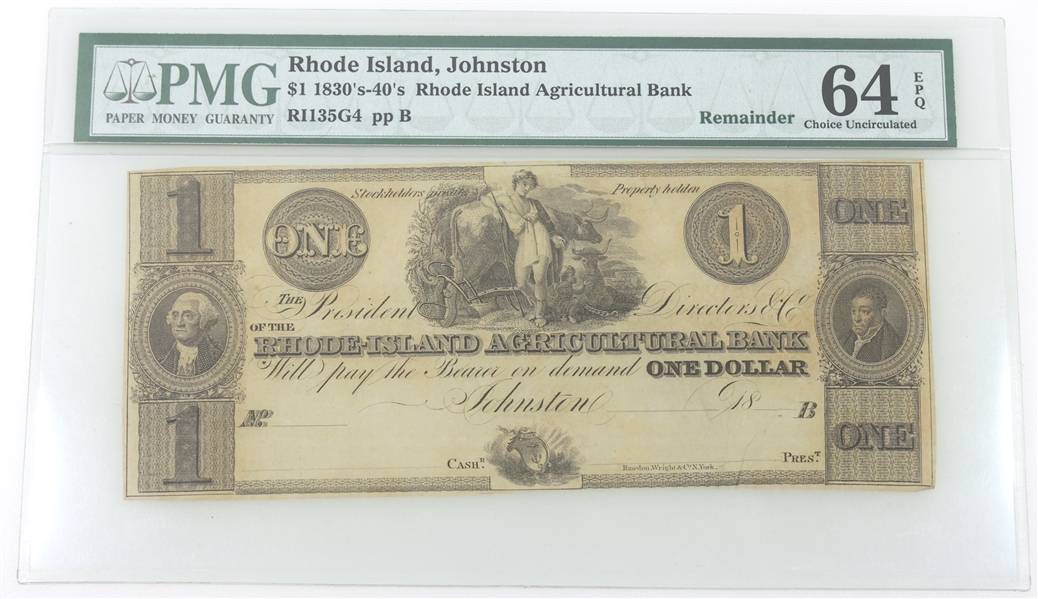 19TH C. OBSOLETE RHODE ISLAND $1 NOTE PMG 64 CHOICE UNC