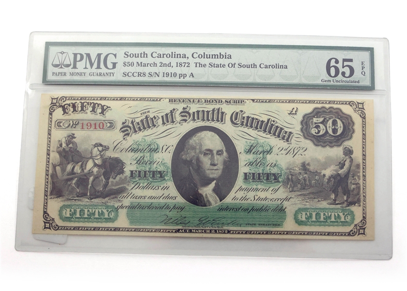 1872 OBSOLETE SOUTH CAROLINA $50 NOTE PMG 65 GEM UNC