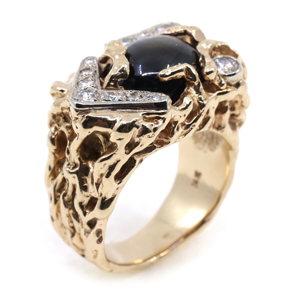 MENS 14K YELLOW GOLD STAR SAPPHIRE & DIAMOND RING
