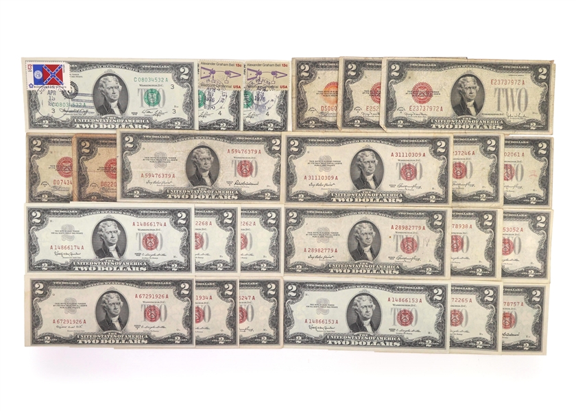 20TH C. US $2 RED SEAL & FIRST DAY STAMP ISSUE NOTES 