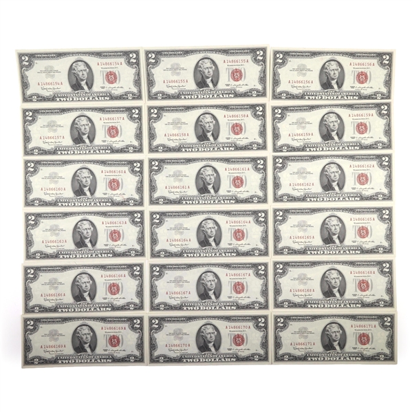 1963 US $2 RED SEAL NOTES - SEQUENTIAL SERIAL NUMBERS