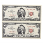 1963 US $2 RED SEAL NOTES - SEQUENTIAL SERIAL NUMBERS