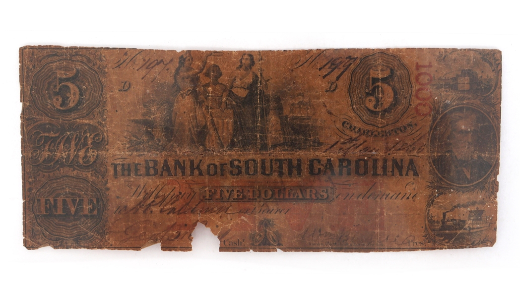 OBSOLETE 19TH C. SOUTH CAROLINA $5 BANK NOTE