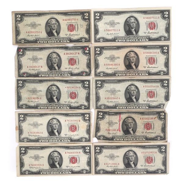 1953 US RED SEAL 2 DOLLAR NOTES, 1 WITH STAR