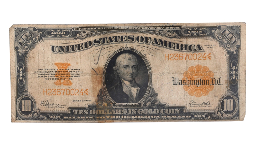 1922 US $10 GOLD CERTIFICATE NOTE