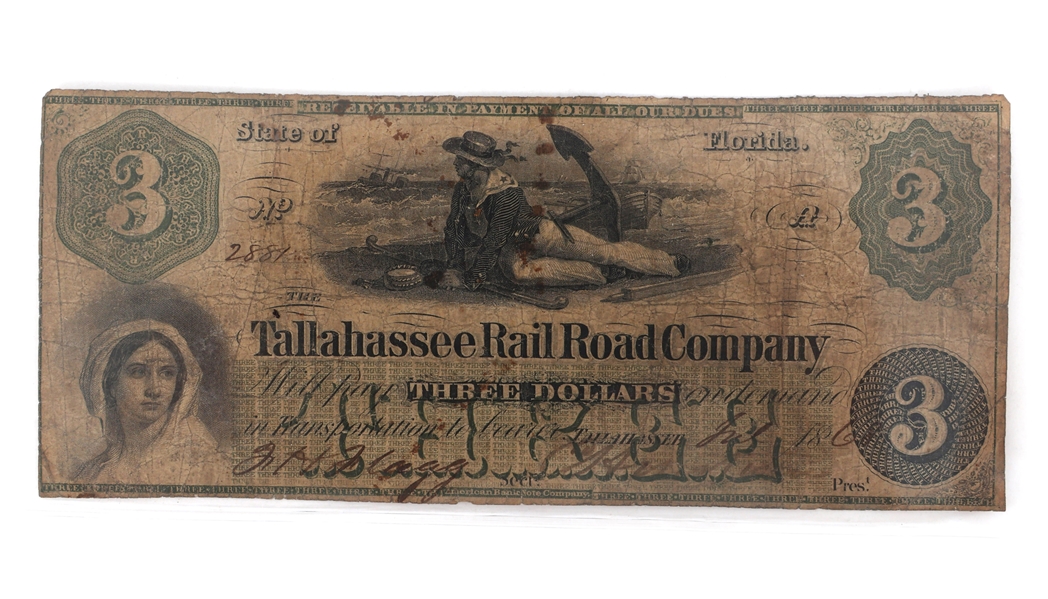 1868 OBSOLETE $3 TALLAHASSEE RAILROAD COMPANY NOTE
