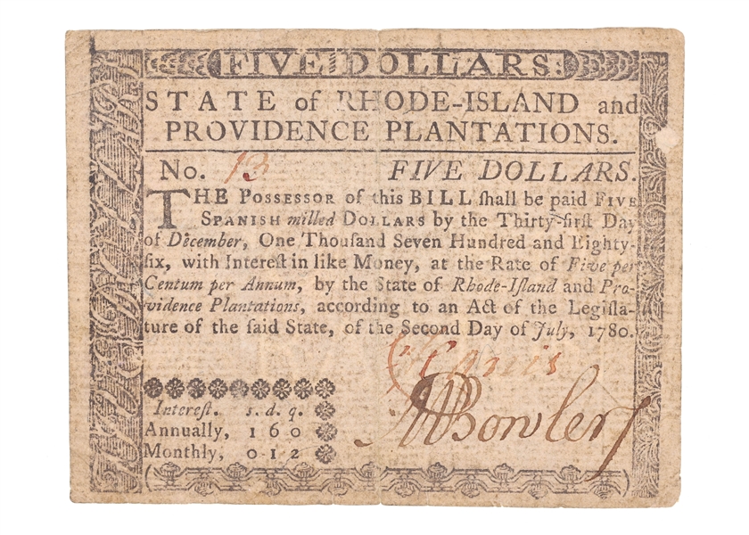 1780 STATE OF RHODE ISLAND COLONIAL NOTE $5 NO. 13