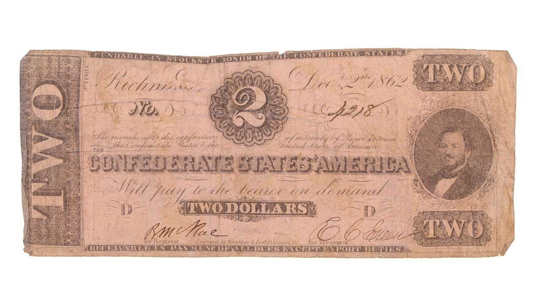 1862 CONFEDERATE STATES $2 BANKNOTE