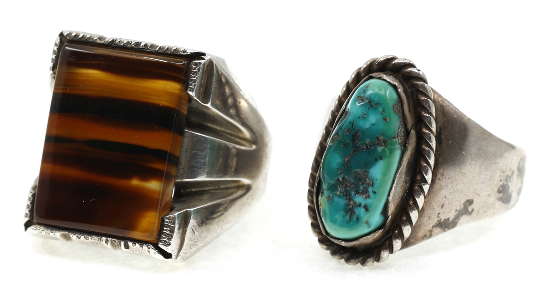 MENS STERLING SILVER TURQUOISE & AGATE RINGS