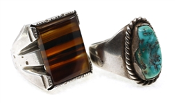 MEN'S STERLING SILVER TURQUOISE & AGATE RINGS