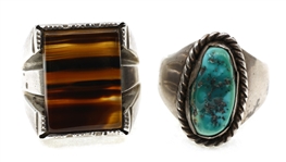 MEN'S STERLING SILVER TURQUOISE & AGATE RINGS