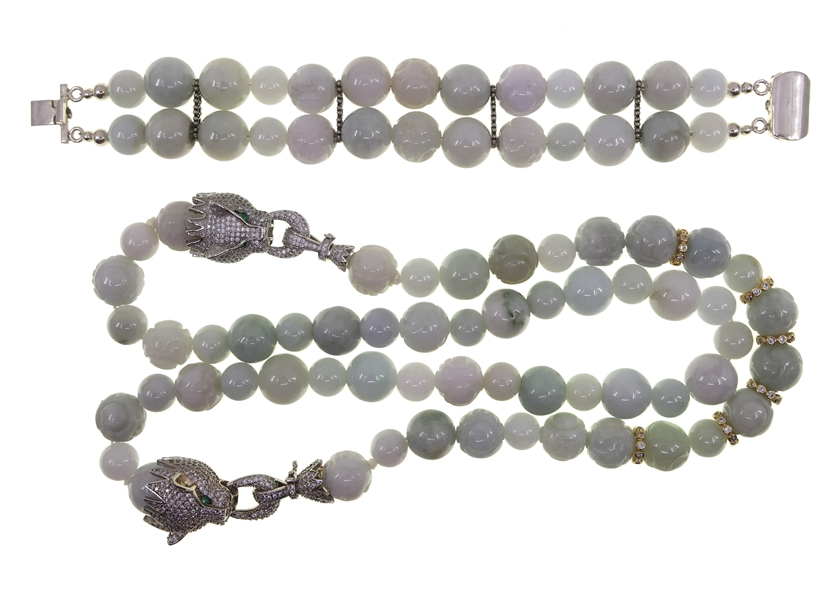 CARVED JADE BEADED STERLING SILVER NECKLACE & BRACELET