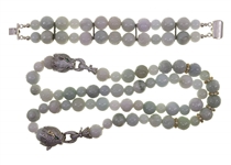 CARVED JADE BEADED STERLING SILVER NECKLACE & BRACELET