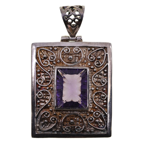 STERLING SILVER RECTANGULAR PENDANT WITH PURPLE GLASS